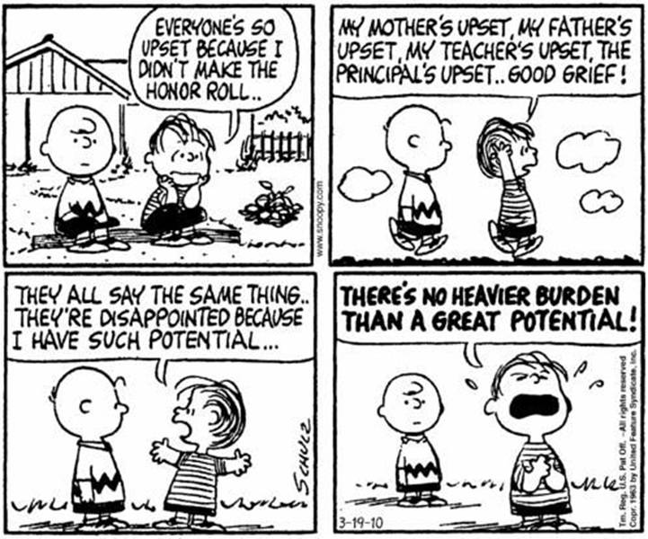 Charlie Brown and Linus van Pelt in Peanuts' “There’s no heavier burden than a great potential” comic strip