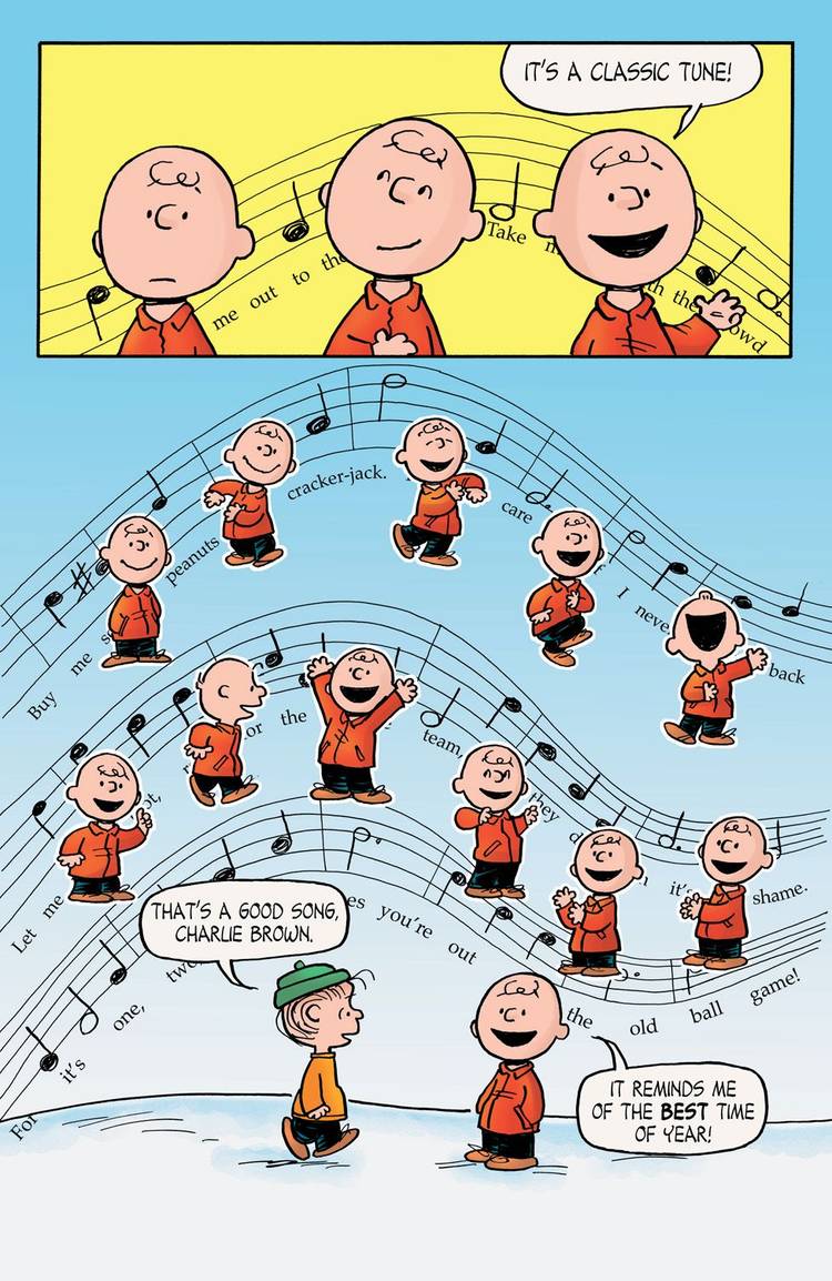 Charlie Brown sings a happy song in Peanuts comic strip