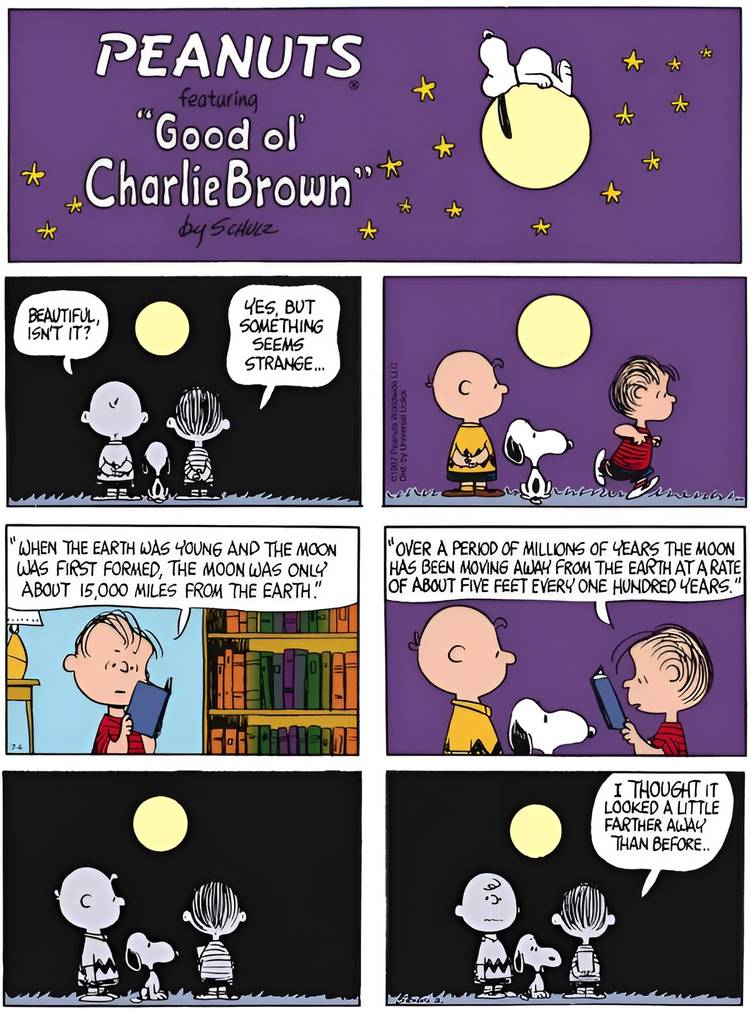 Charlie Brown Snoopy and Linus look at the moon