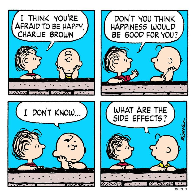 Charlie Brown worries about the side effects of happiness in Peanuts comic strip