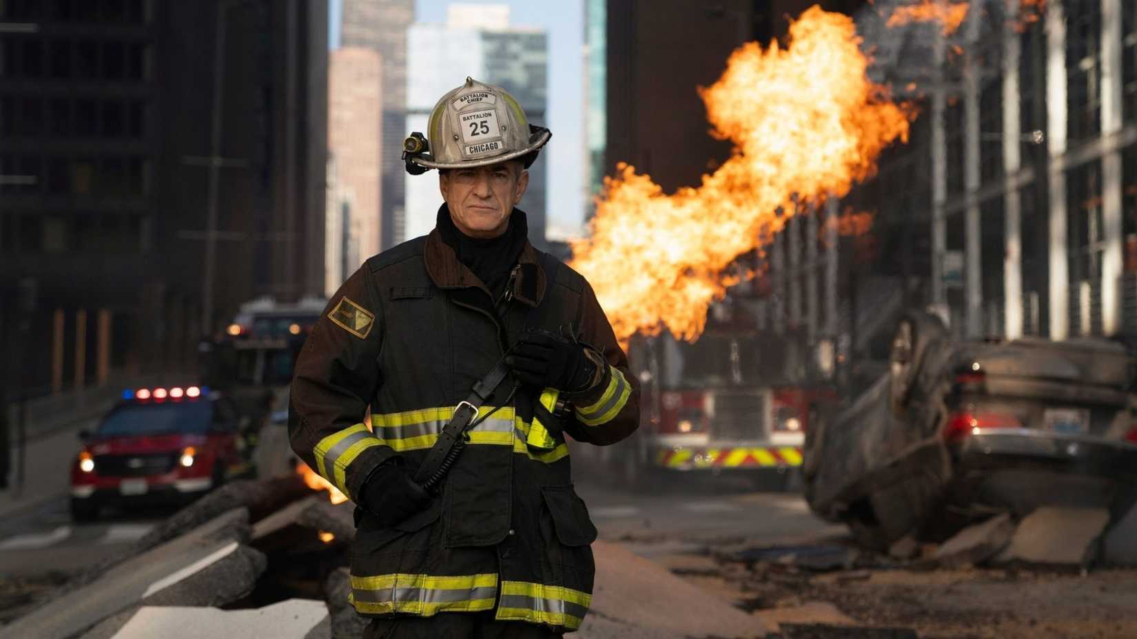 Chicago Fire Dermot Mulroney Dom Pascal fiery car wreck