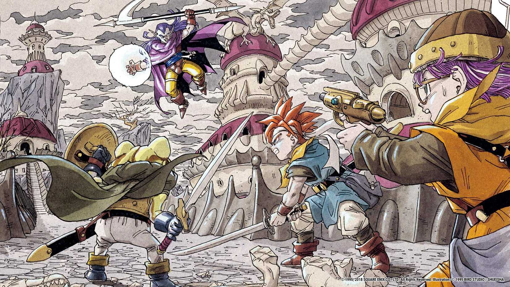 Chrono Trigger characters fight Magus in art for Chrono Trigger.