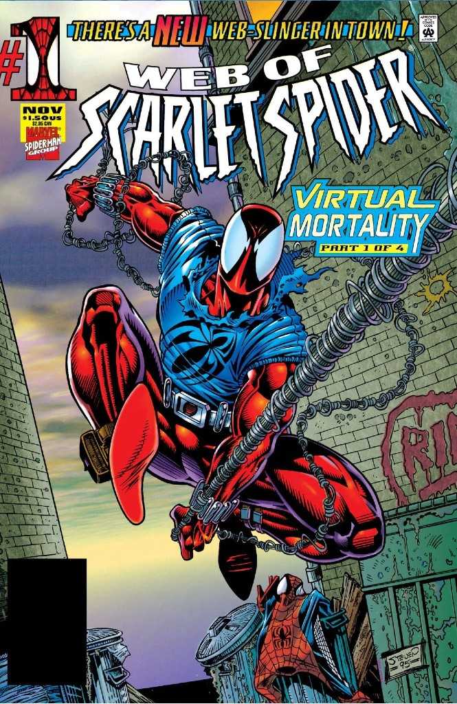 The cover of Web of Scarlet Spider issue 1 showing the Scarlet Spider swinging through the city in his new sleeveless hoodie suit.