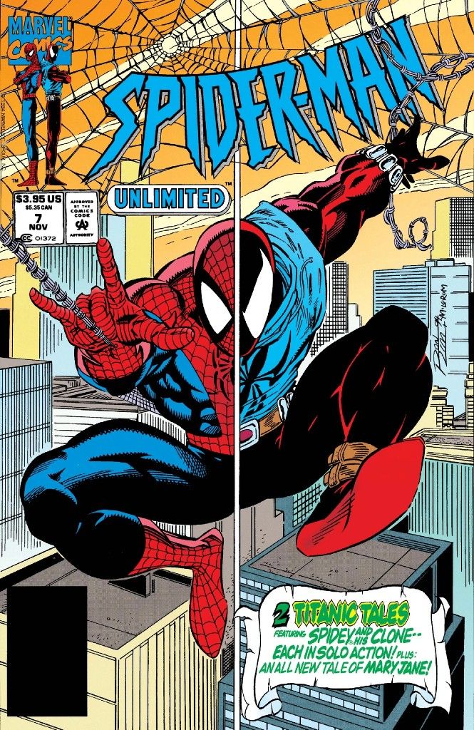 The cover of Spider-Man Unlimited issue 7 showing Spider-Man and Scarlet Spider swinging through the city.