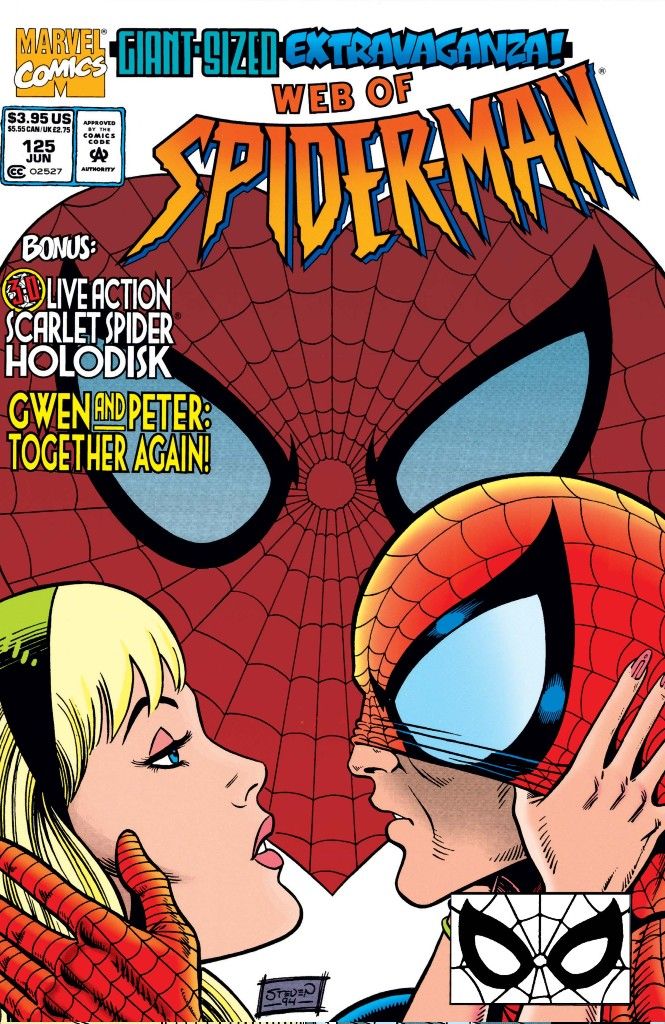 The cover of Web of Spider-Man issue 125 showing Spider-Man about to kiss Gwen Stacy.