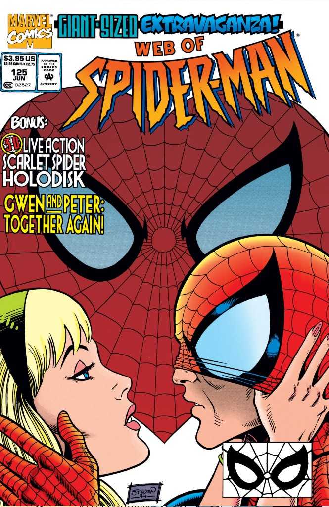 The cover of Web of Spider-Man issue 125 showing Spider-Man about to kiss Gwen Stacy.