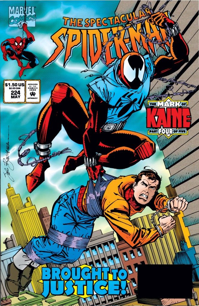 The cover of Spectacular Spider-Man issue 224 showing Scarlet Spider carrying a webbed up Peter Parker. The text reads 