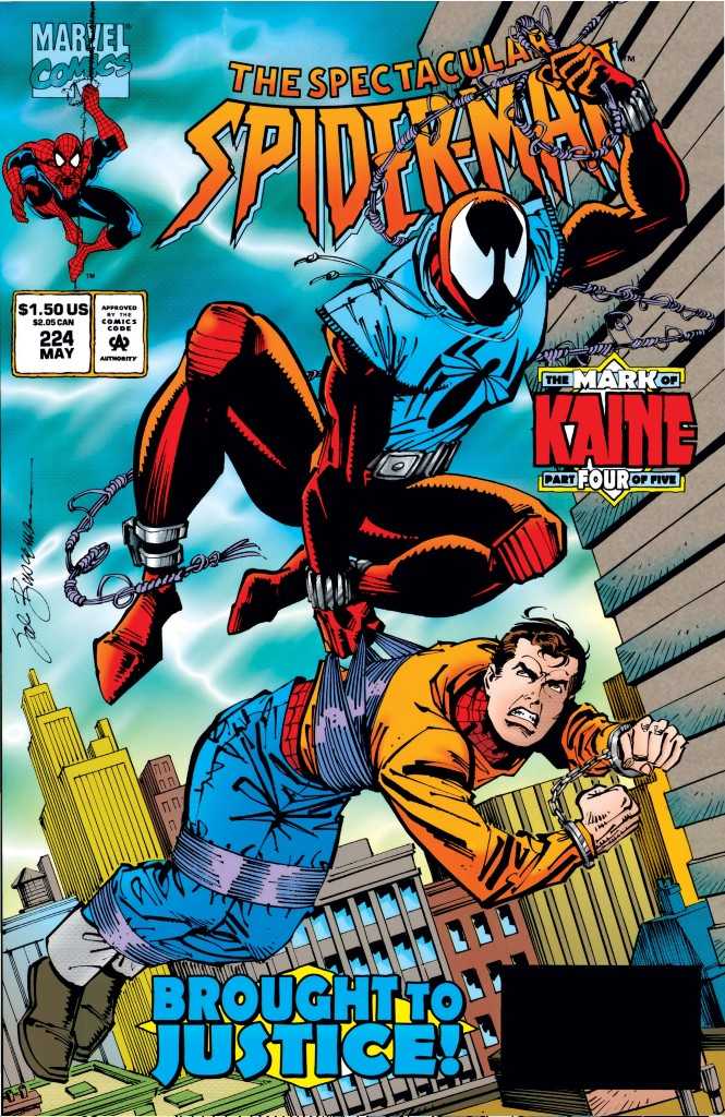 The cover of Spectacular Spider-Man issue 224 showing Scarlet Spider carrying a webbed up Peter Parker. The text reads