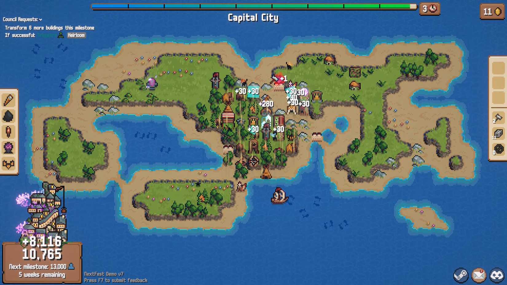 Buildings in a city racking up points in Combolands.