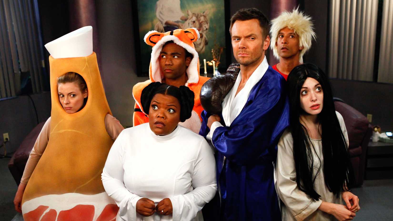 The cast of Community wearing various Halloween costumes in season 4, episode 2.