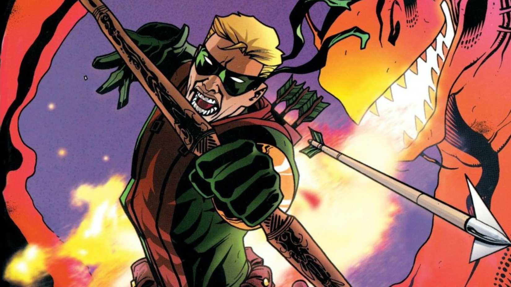 Connor Hawke firing an arrow from his bow, while a dragon spews fire behind him