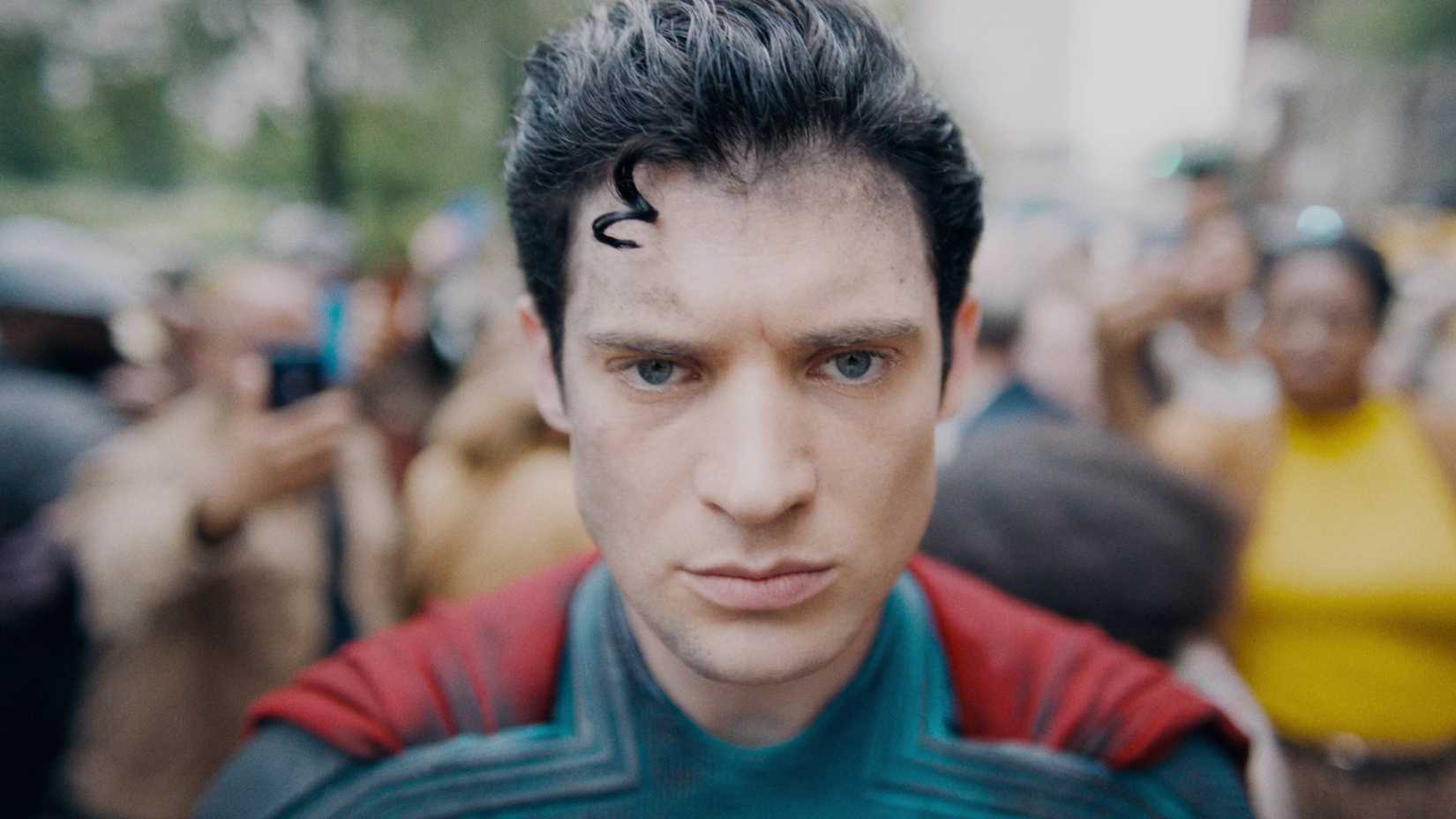 David Corenswet as Superman with a concerned look
