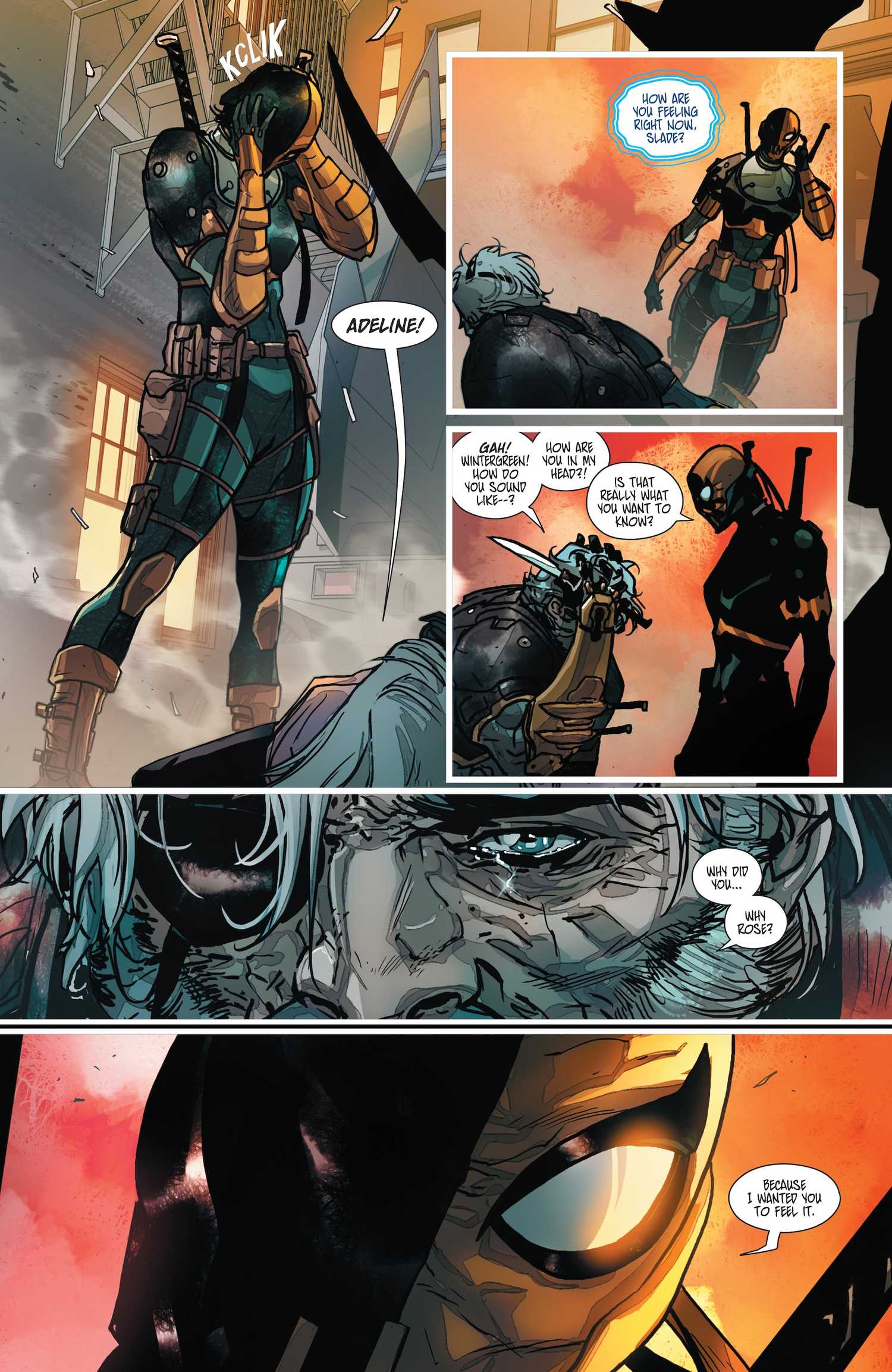 Slade Wilson speaking with Adeline Kane, who's dressed like Deathstroke