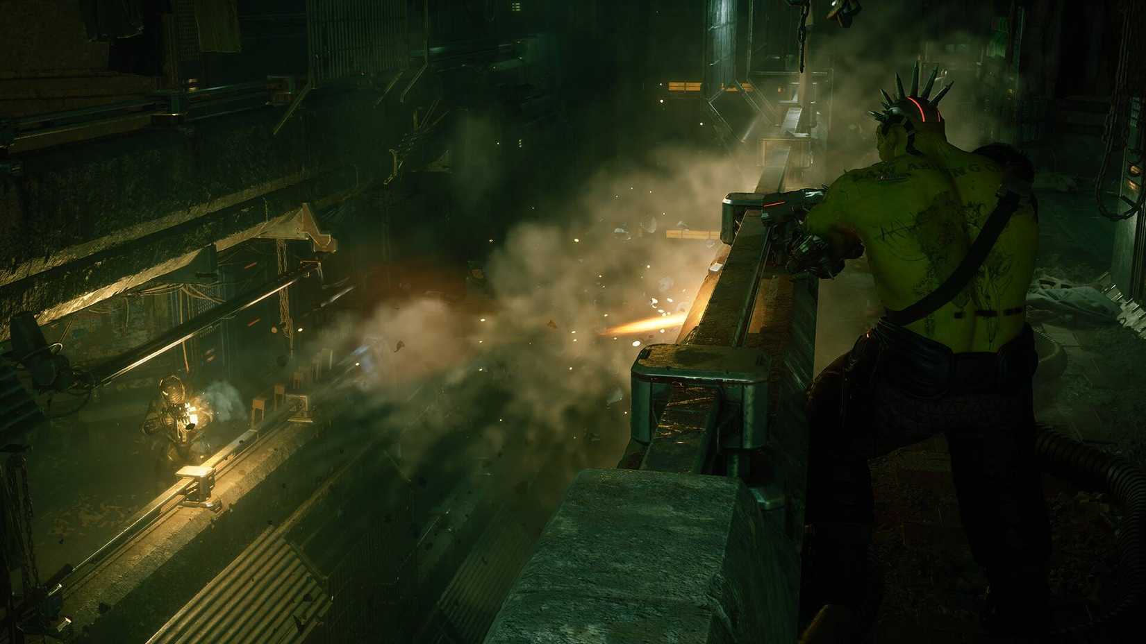 An enemy shooting the player from a floor above in DEFECT.