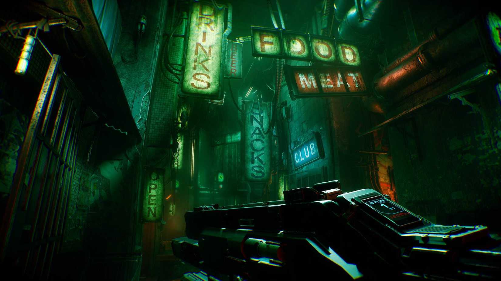 The player holding a gun looking at neon signs in DEFECT.