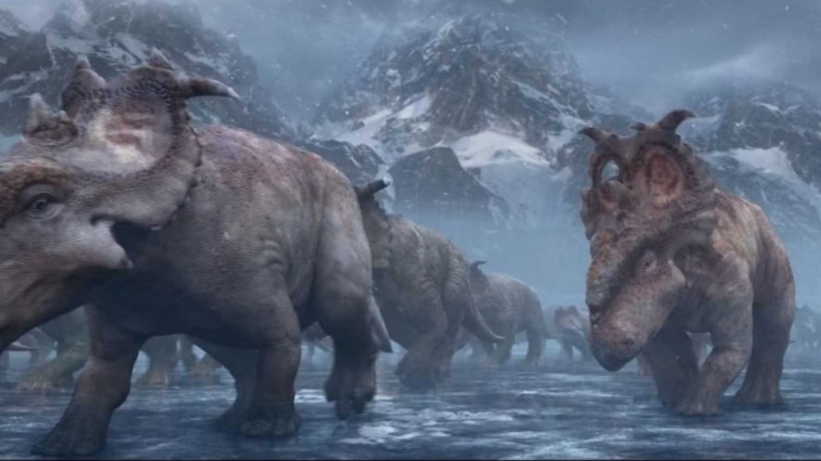 Dinosaurs crossing a frozen lake in Walking With Dinosaurs
