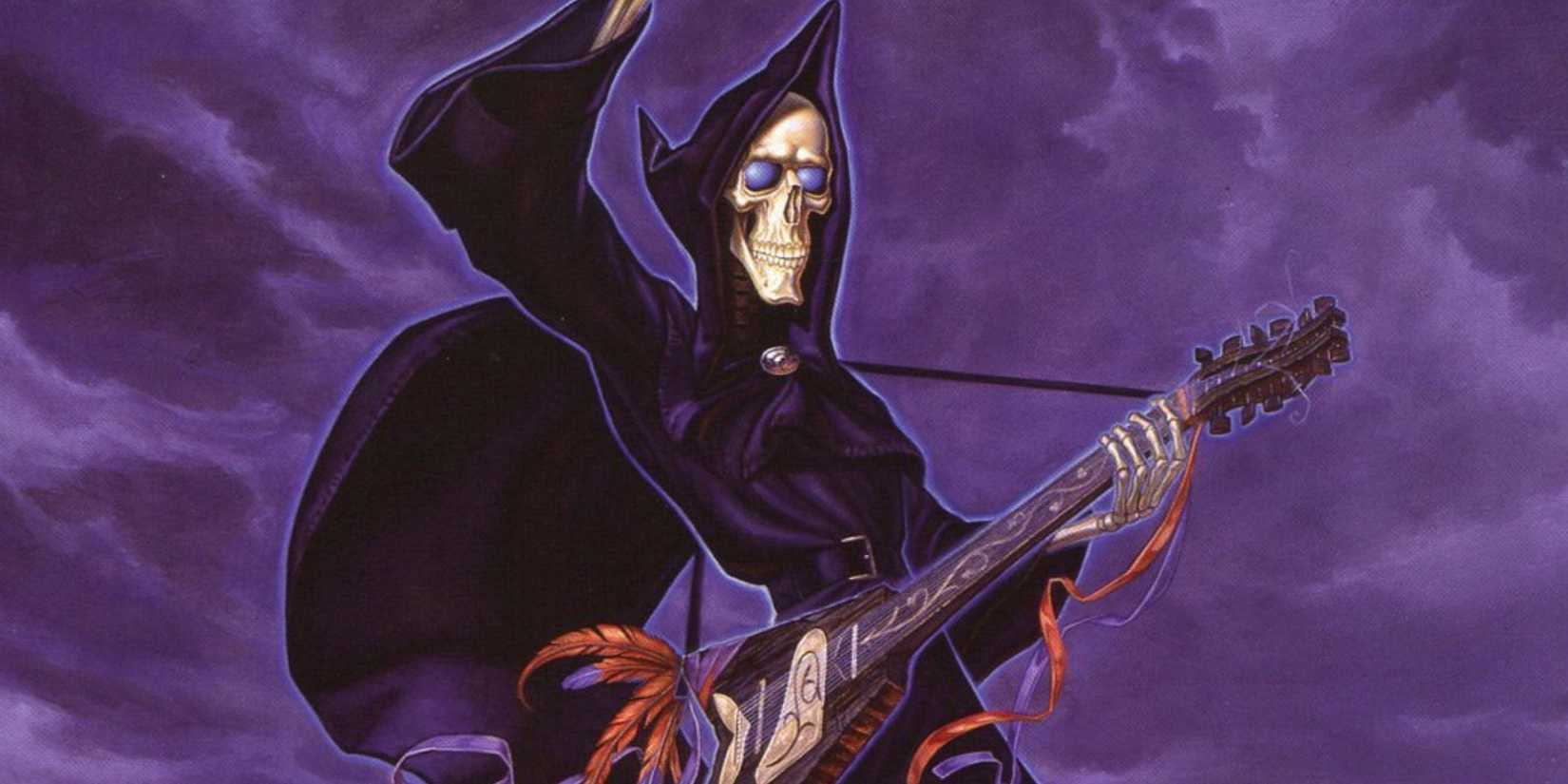 Discworld art of Death playing a guitar by Paul Kidby