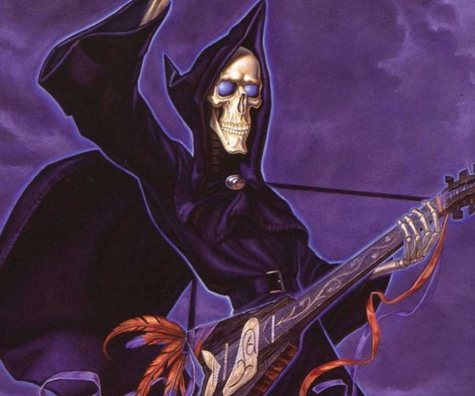 Discworld art of Death playing a guitar by Paul Kidby