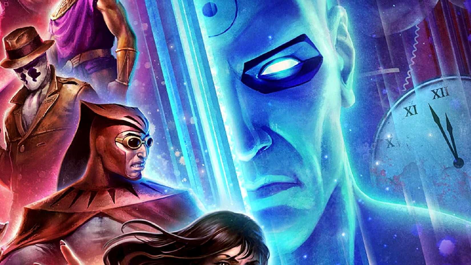Doctor Manhattan watches over the Watchmen in comic cover art