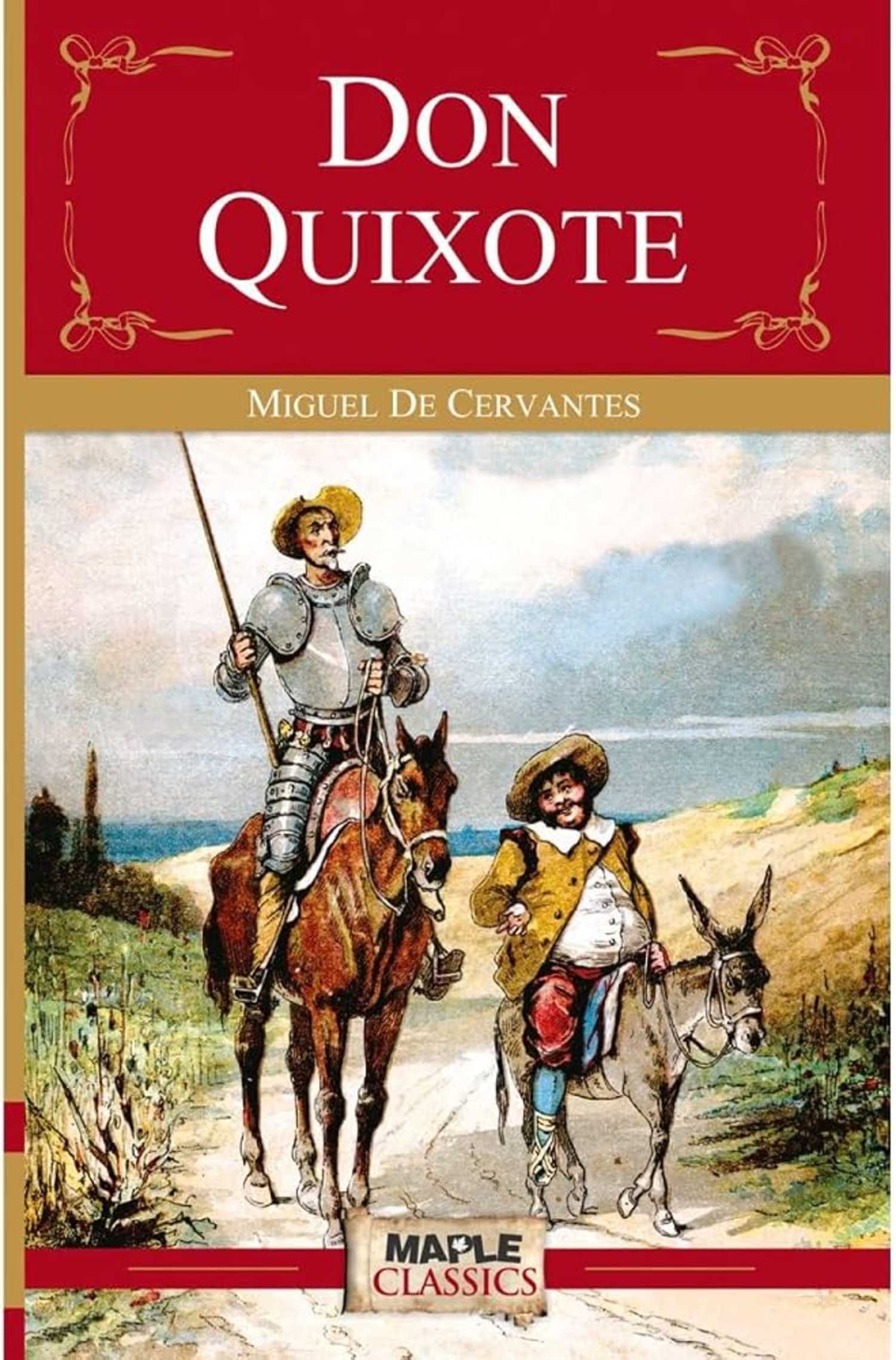 Don Quixote book cover, Quixote and Sancho Panza on the road