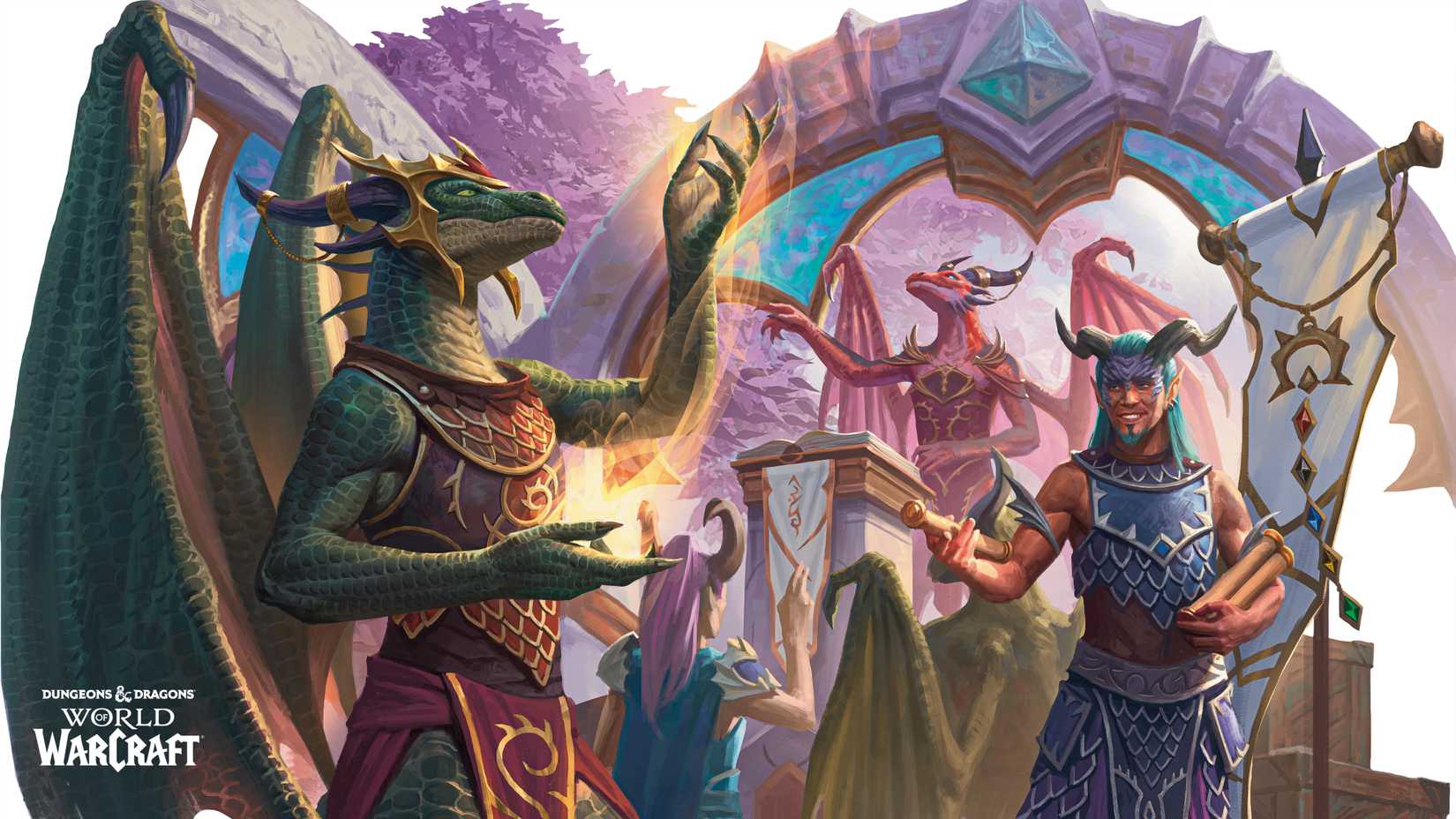 Several Dracthyr from World of Warcraft talk in Dungeons and Dragons artwork.