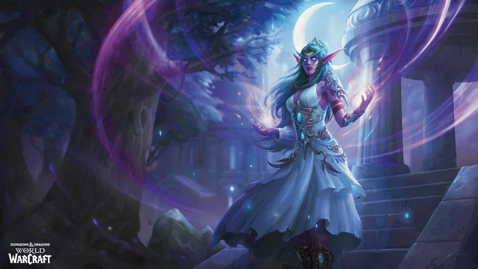 A Night Elf from World of Warcraft, Tyrande Whisperwind, uses magic in Dungeons and Dragons artwork.