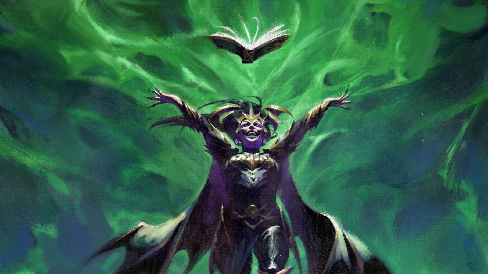 The vampire Drelnza from Dungeons and Dragons: Greyhawk opens her arms, praising a book that floats above her.