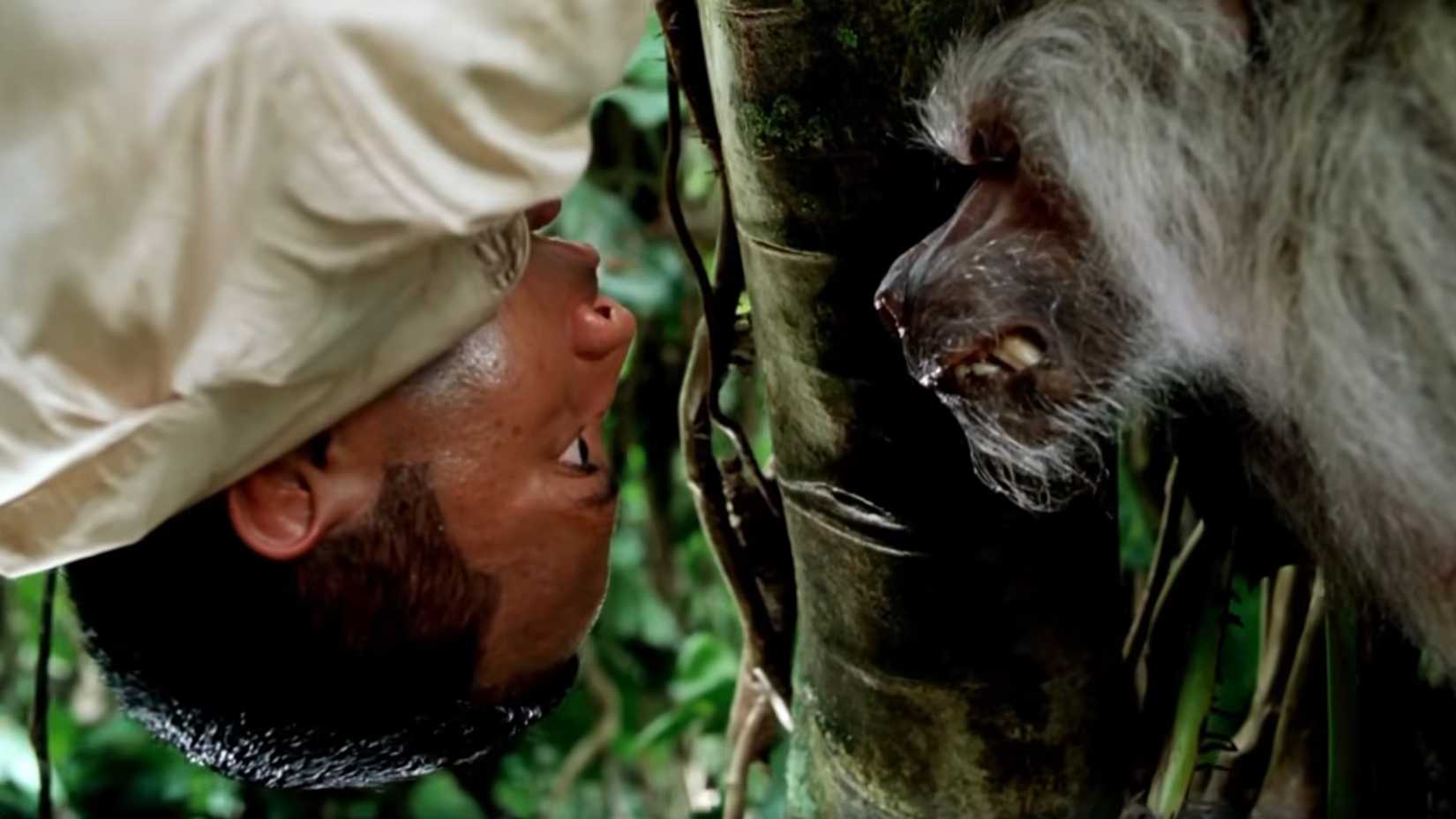 Dwayne Johnson upside down and face to face with a monkey in The Rundown