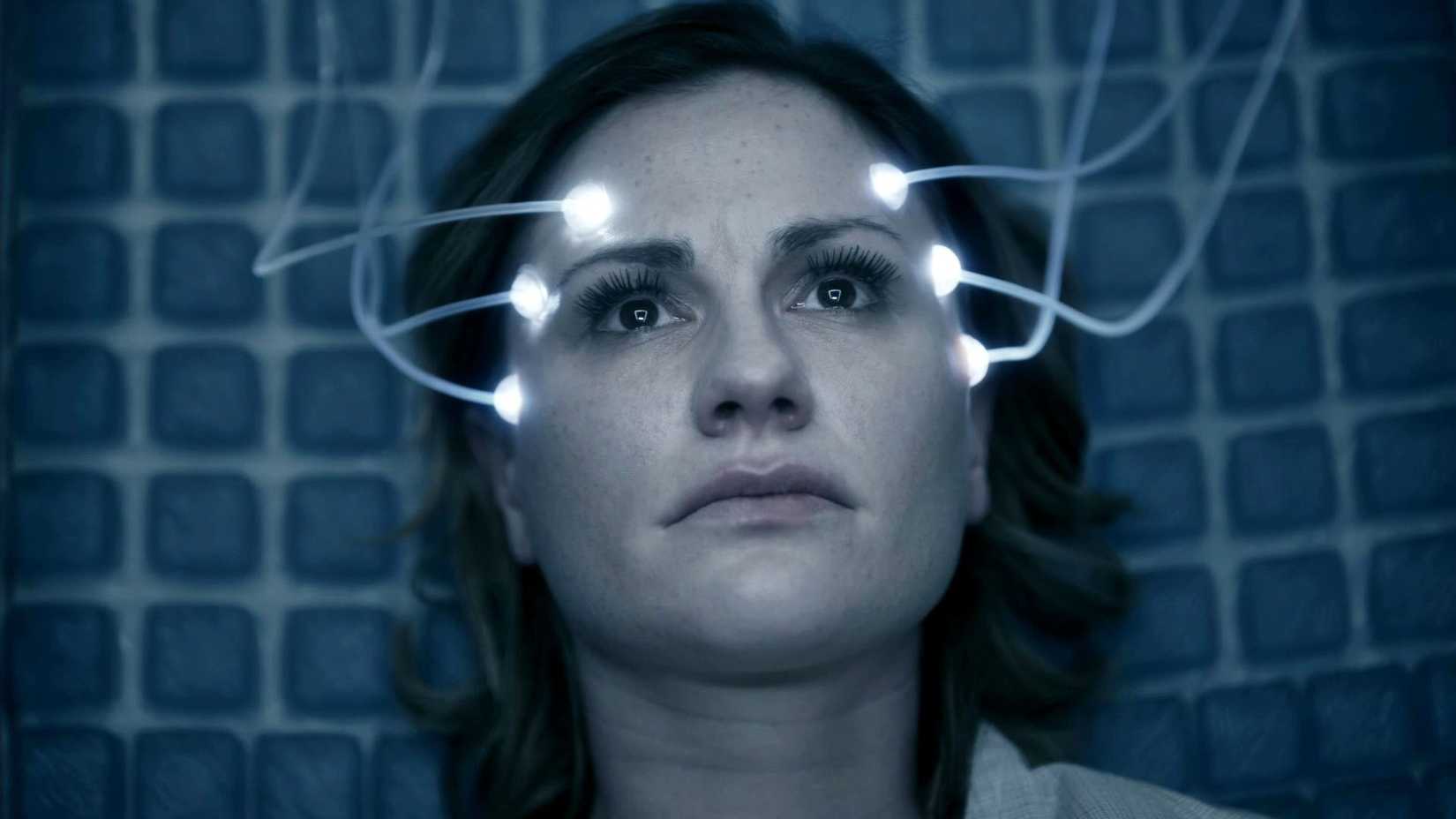 Anna Paquin with electrodes attached to her head in Prime Video’s Electric Dreams