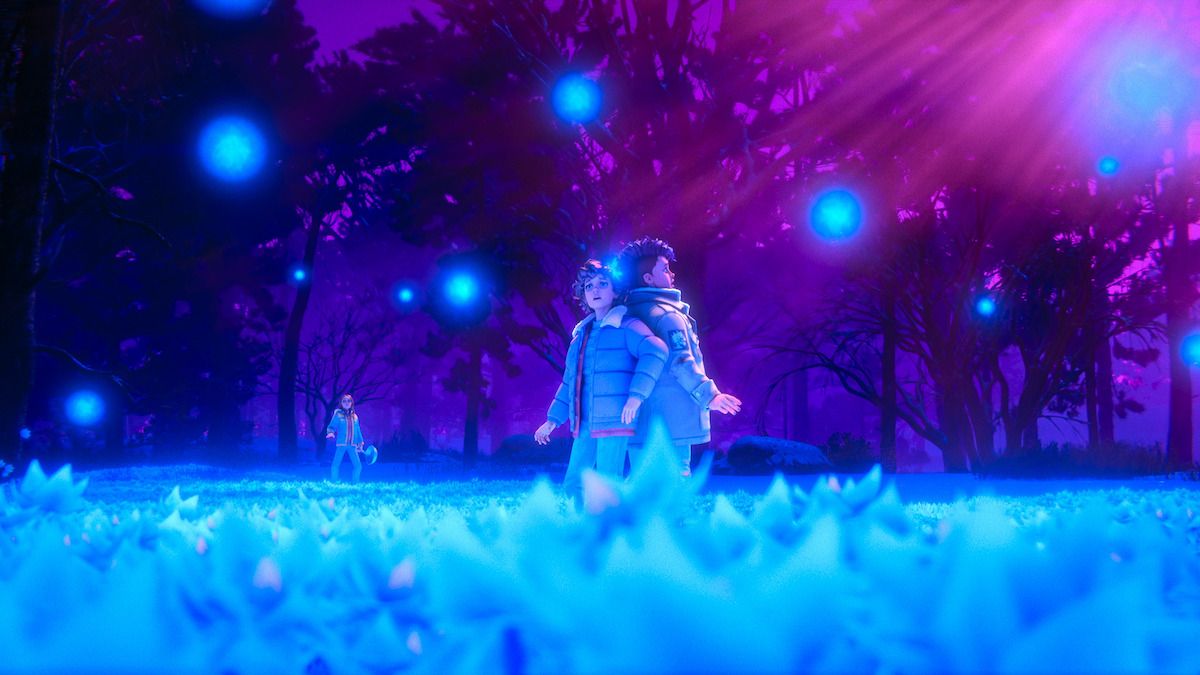 Elle and someone standing back to back in a glowing field in Stranger Things: Tales from '85 season 2
