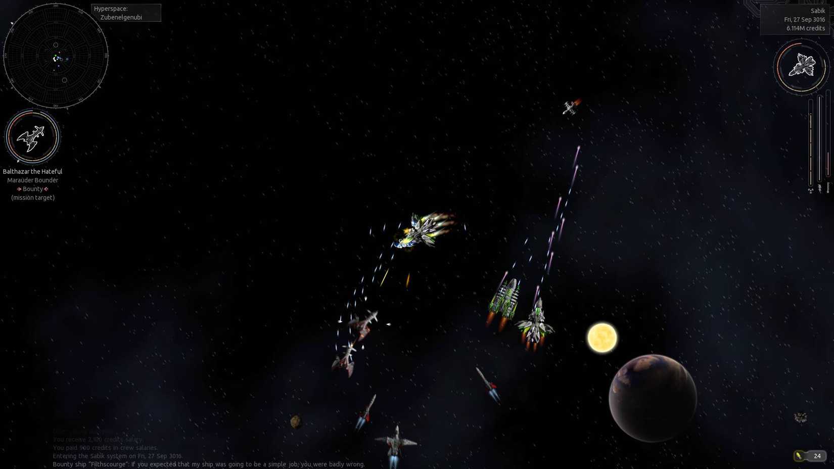 The player fighting other ships in space in Endless Sky.
