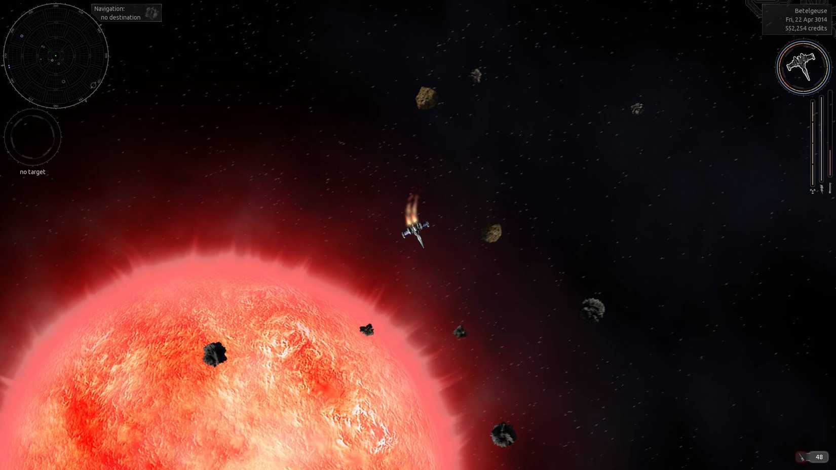 The player flying over a sun in Endless Sky.
