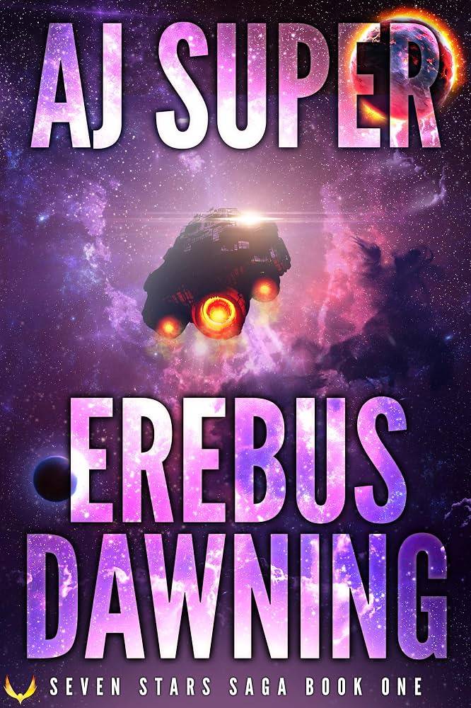 The cover of Erebus Dawning by AJ Super shows a space ship flying into purple clouds