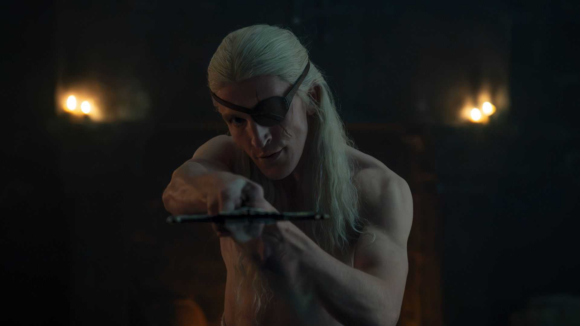 Aemond Targaryen holding a sword in House of the Dragon season 3