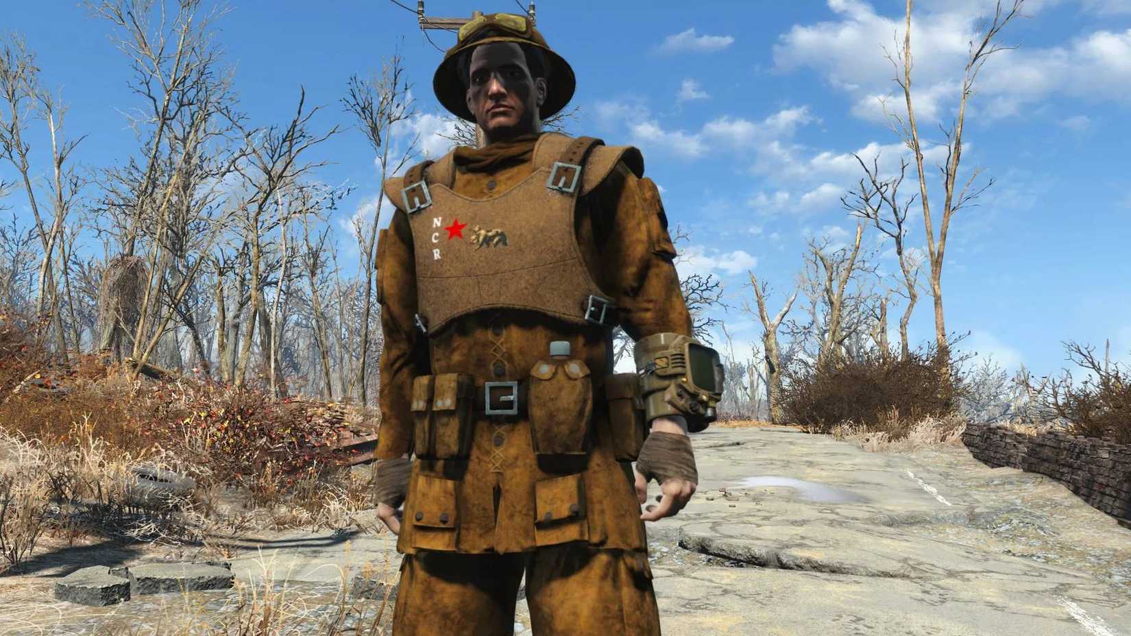The player wearing NCR armor in Fallout 4 from the Call of the Republic mod.