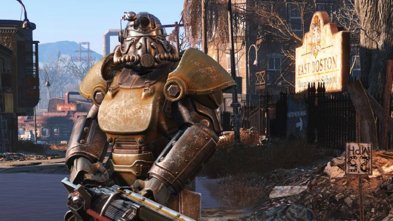Fallout 4 character standing in a ruined street