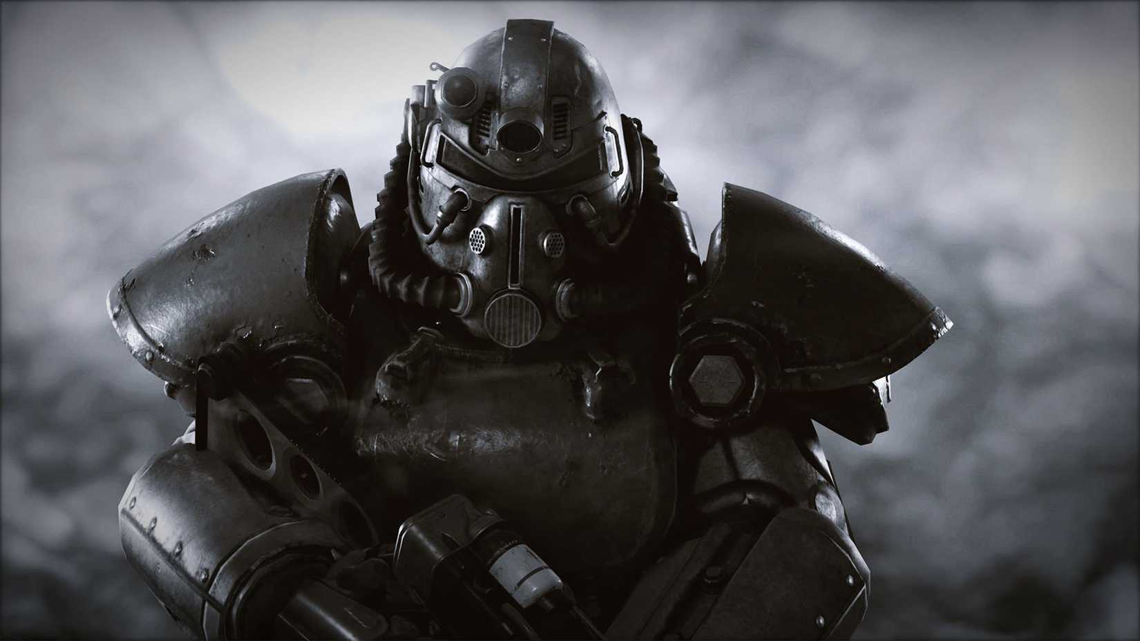 A power armor from Fallout walks through the mists.
