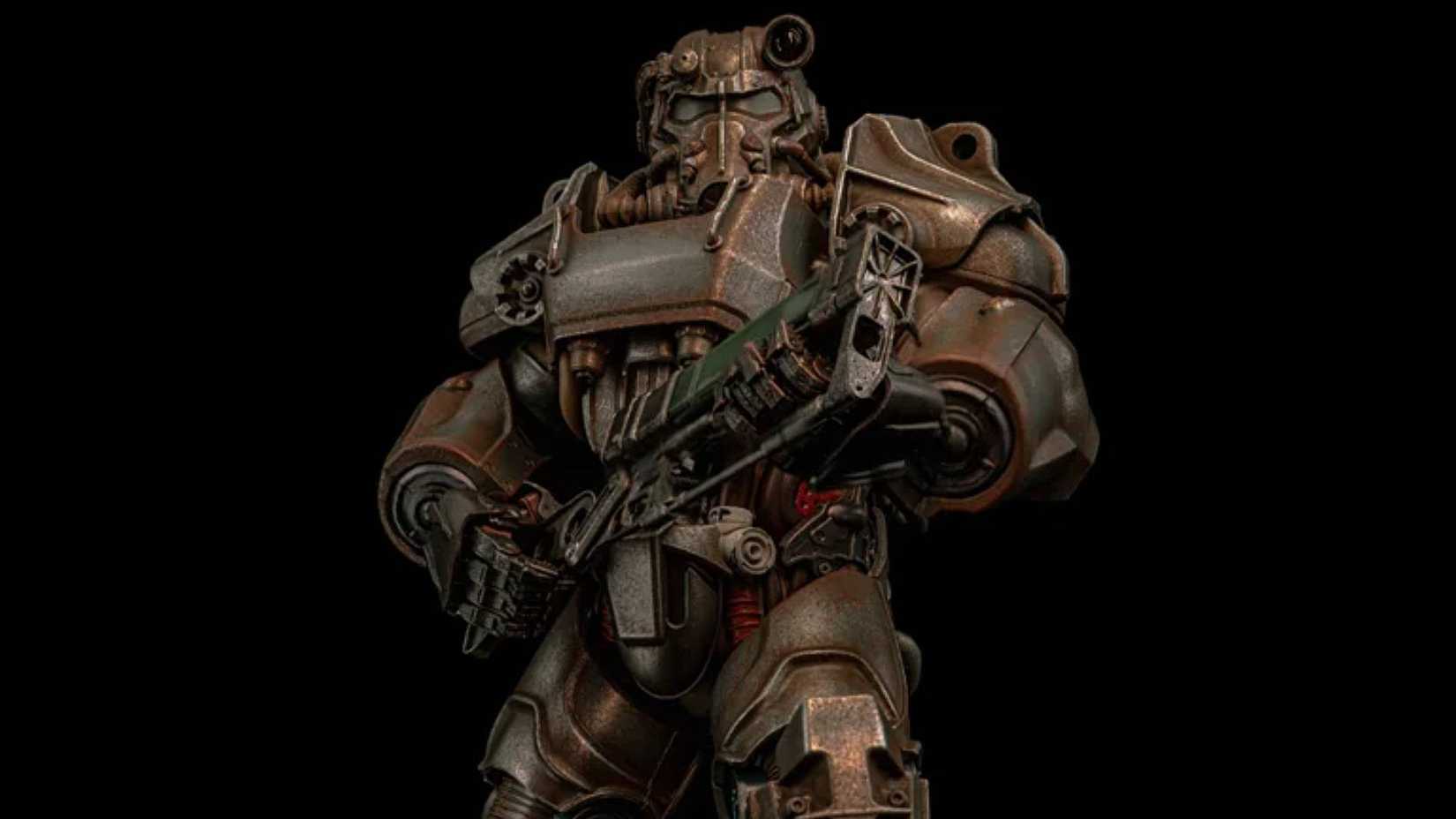 A figure of the power suit from Fallout covered in rust.