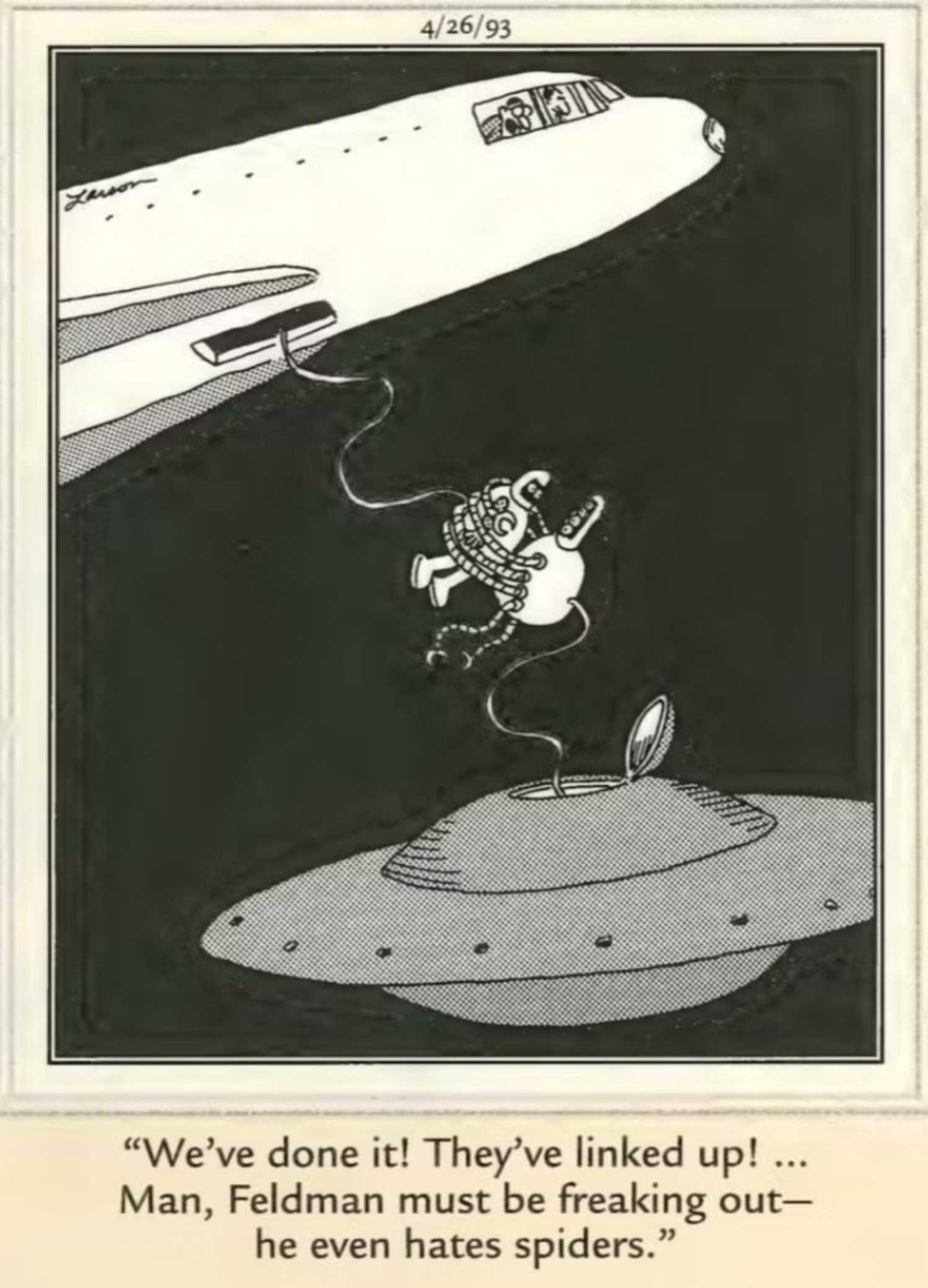 Far Side, April 26, 1993, arachnophobic astronaut meets a spider alien