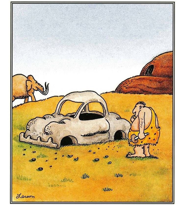 far side caveman invents car