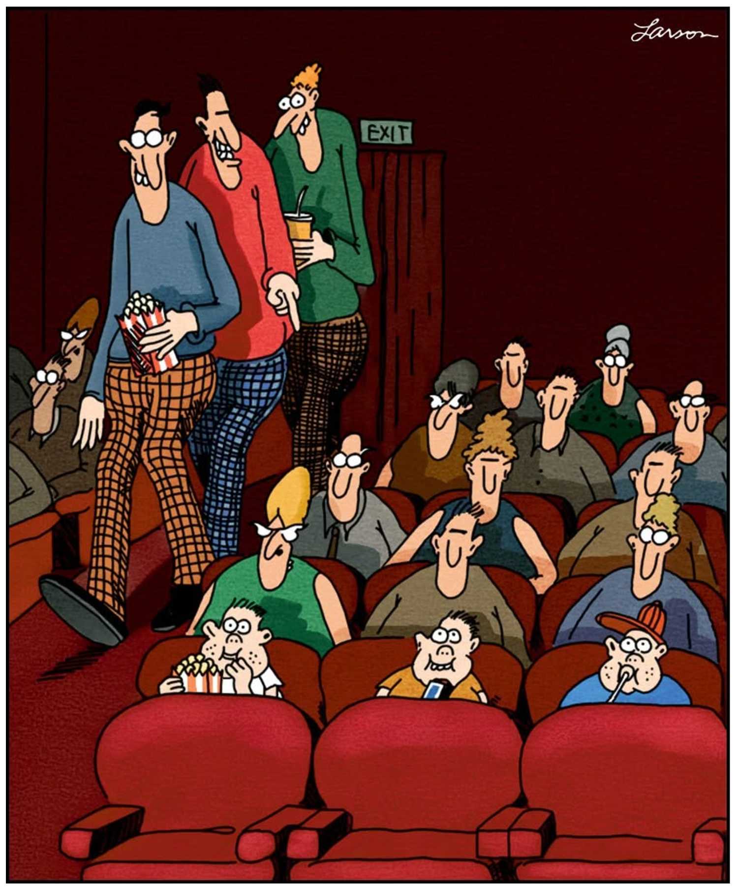 far side comic with tall guys at movie theater