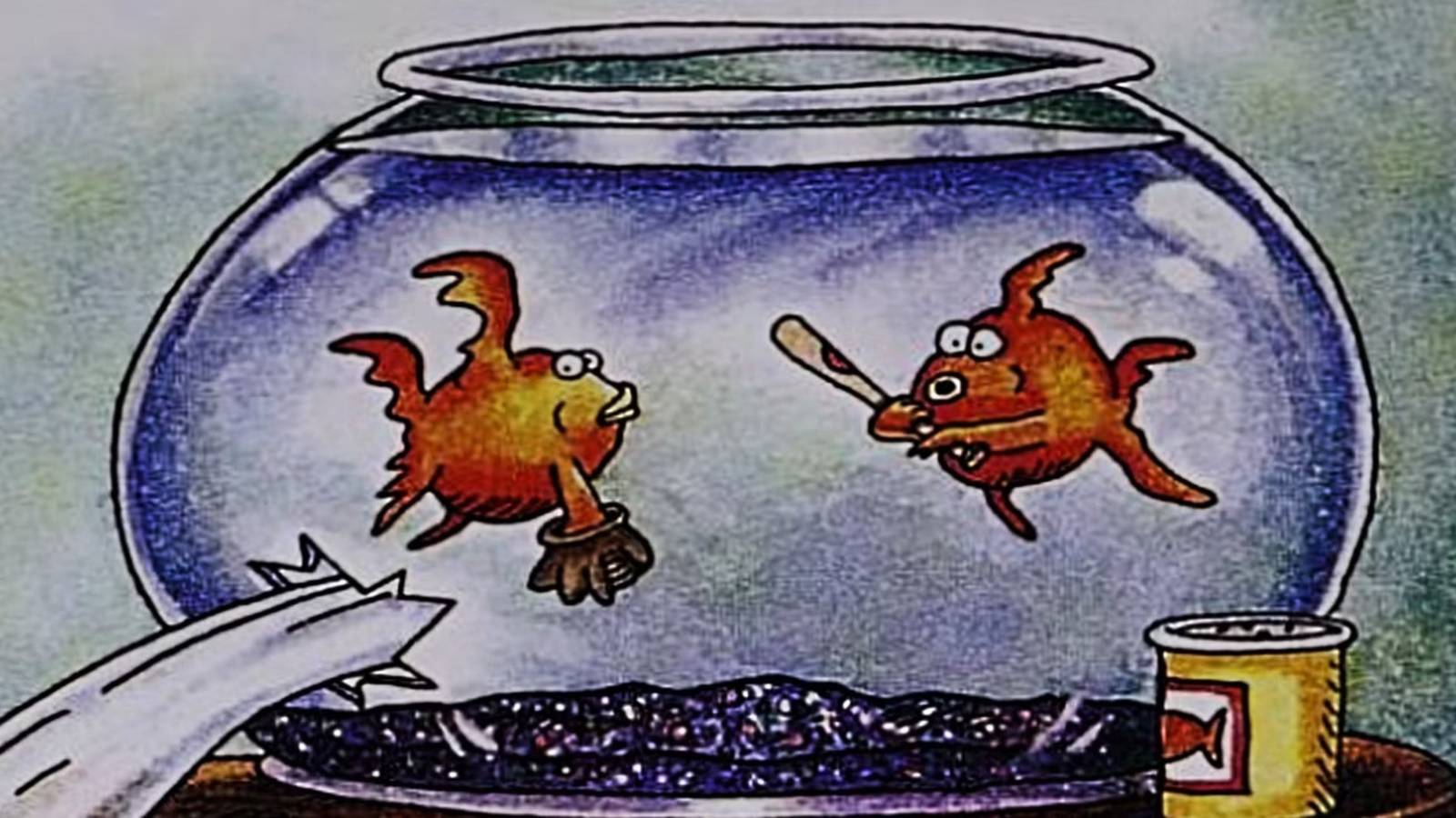 Far Side cropped, fish break their bowl playing baseball