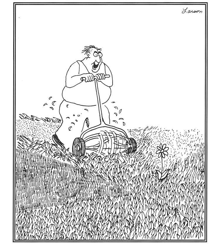 far side mowing the lawn comic