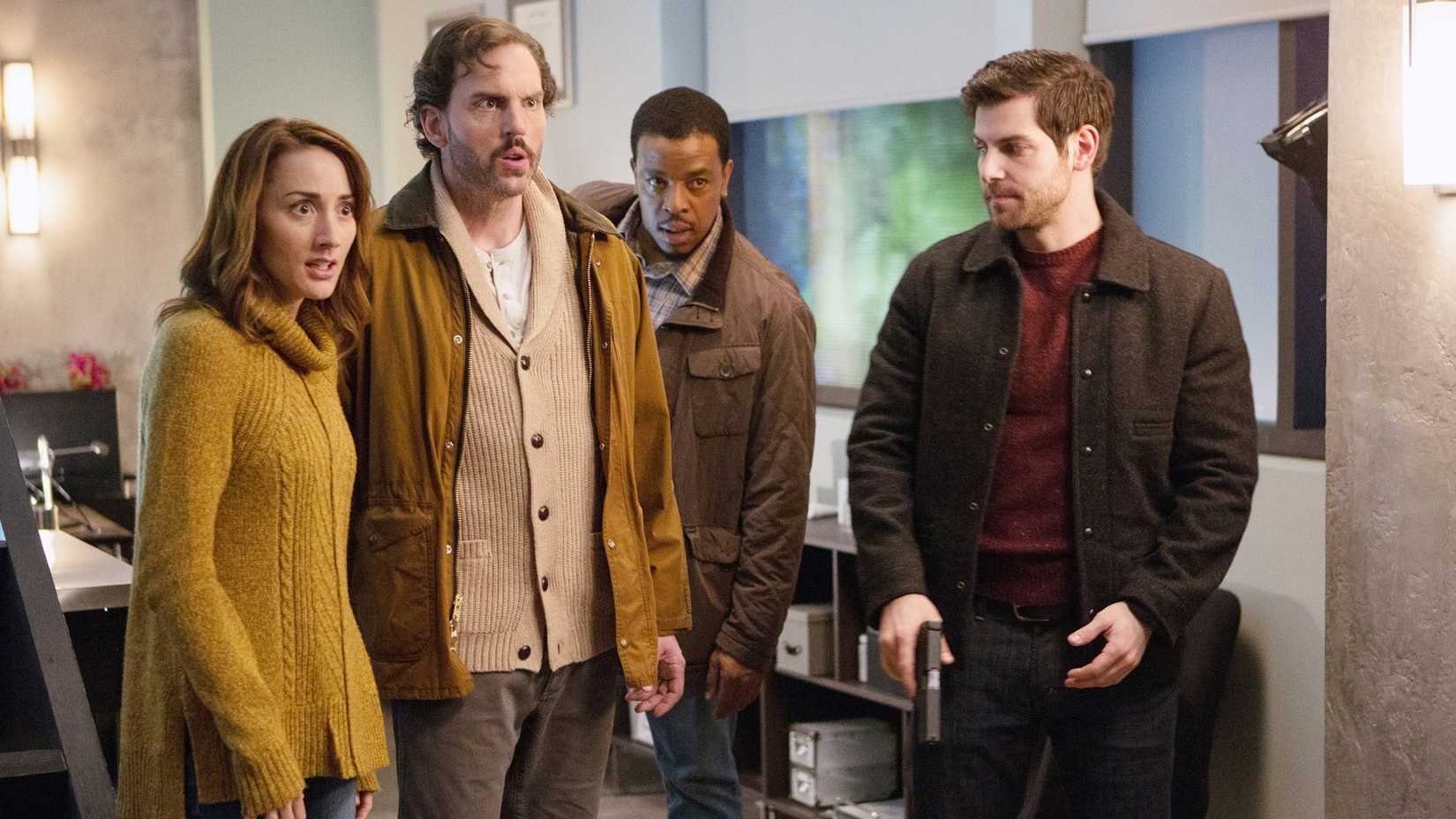 Rosalee, Monroe, Hank, and Nick from Grimm standing and looking at something
