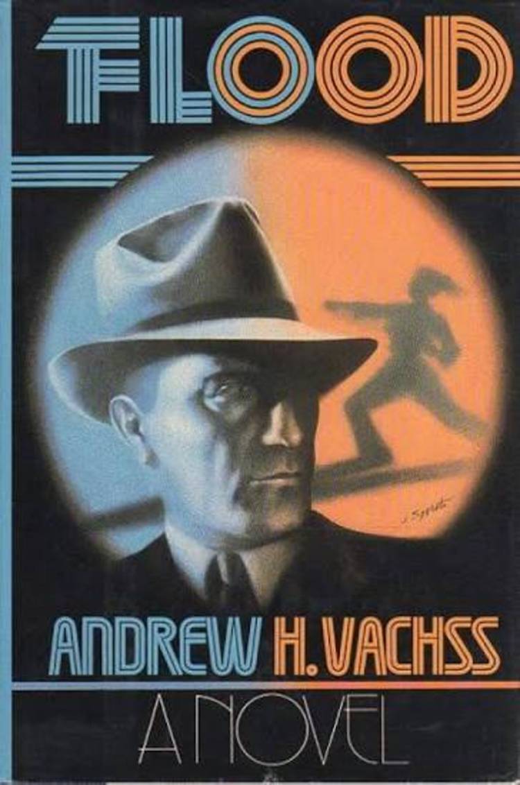 Flood book cover, hard boiled detective and silhouette of a woman