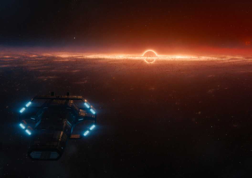 FOundation ship with red planet and rings in background