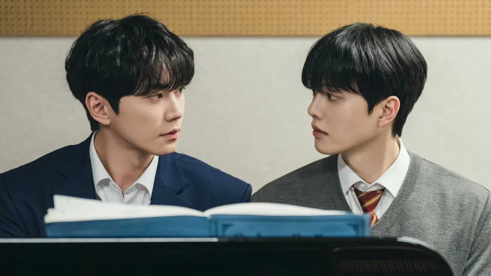 Two men play piano in the Netflix K-drama Four Hands, Two Sonatas.