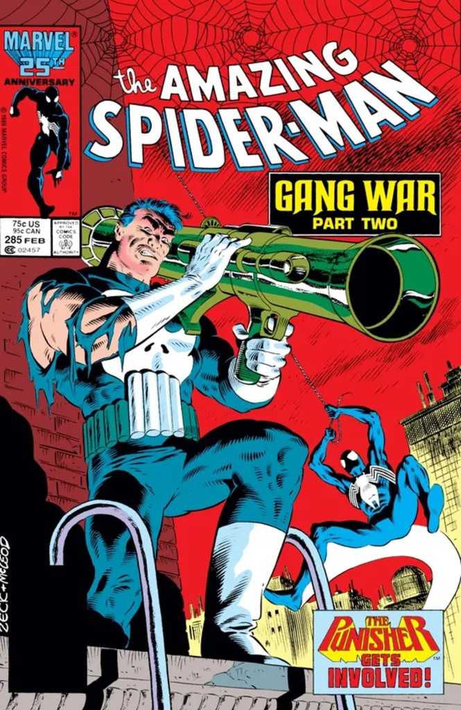 The cover of Amazing Sppider-Man 285 showing Punisher about to fire a bazooka as Spider-Man swings in to stop him.