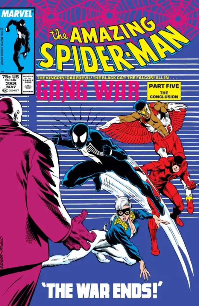The cover of Amazing Spider-Man 288 showing Spider-Man, Falcon, Daredevil, and Black Cat facing off against Kingpin.