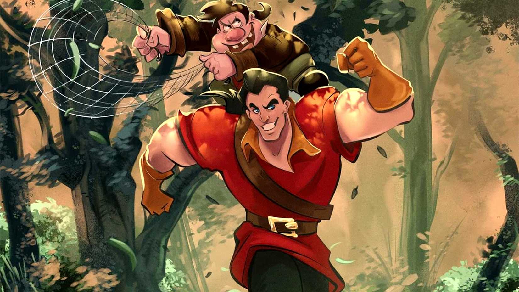 Gaston and Le Fou run through a forest in Beauty and the Beast's Disney Villains spinoff prequel comic
